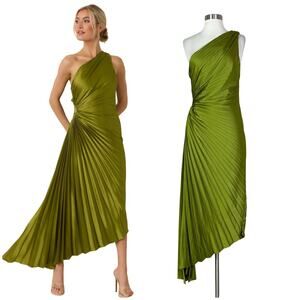 Dress Forum | Green Pleated One Shoulder Cut Out Asymmetric Cocktail Midi Dress